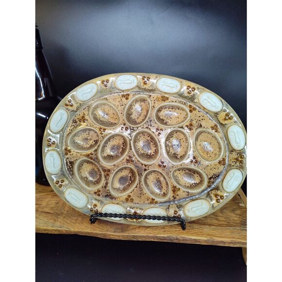 Handmade Devil Egg Platter Kat Jarose Rustic Stoneware Serving Tray Detail Faces - Picture 1 of 5